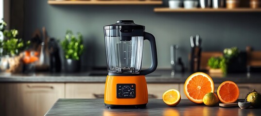 A stylish blender on a kitchen counter with space for product details and a slogan