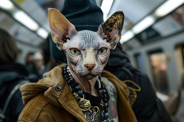 Anthropomorphic sphynx cat in modern clothes standing inside the train of a crowded subway generative ai