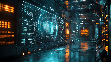 Aufkleber - Futuristic spaceship interior with glowing screens displaying data and information.