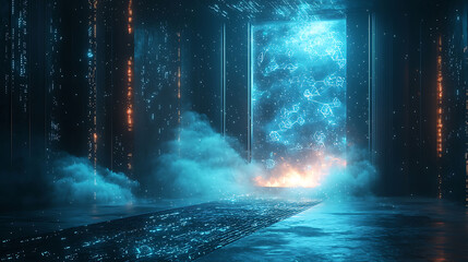 Poster - A glowing blue portal with smoke and digital lines in a futuristic environment.