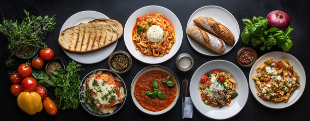 Wall Mural - A flat lay of various Italian dishes, including pasta with tomato sauce, chicken parmesan, bread, and vegetables, on an isolated dark background