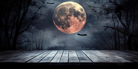 Spooky Full Moon with Bats and Dark Trees