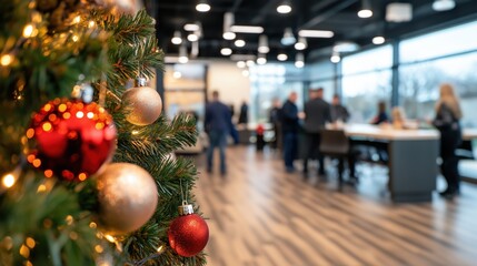 festive office setting with a beautifully decorated christmas tree sparkling ornaments and a cozy wa