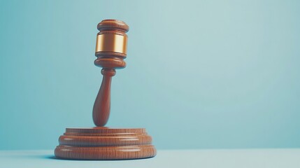 A wooden gavel with a gold band sits on a blue surface.