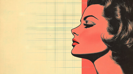 Wall Mural - A retro-style illustration of a woman's face in profile, with a gridded background.