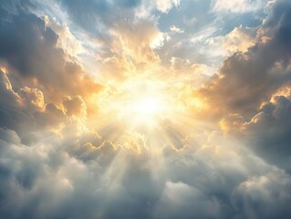 dramatic clouds with sunlight breaking through, creating a beautiful sky scene.