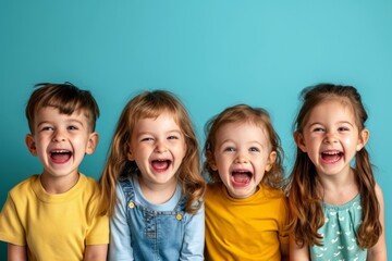 Group of happy children laughing and shouting on blue background. Studio shot.