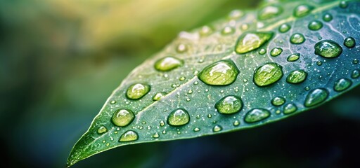 Aufkleber - Water drops are shown covering a green leaf, reflecting light and nature in their surface