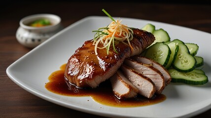 A white plate with sliced grilled meat in a savory sauce, accompanied by cucumber slices and a side of dipping sauce.