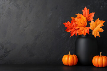 Aufkleber - Minimalist autumn arrangement with pumpkins and a black vase with orange maple leaves on a dark background with copy space
