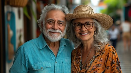 a joyful senior couple is captured in a portrait exploring a city during their travel tour they are seen smiling and enjoying their time together creating beautiful memories in their golden years