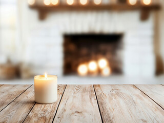 Aufkleber - Single white candle burning on a rustic wooden table with a cozy fireplace in the background, creating a warm and inviting atmosphere