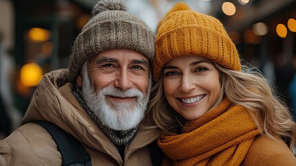 a joyful senior couple is captured in a portrait exploring a city during their travel tour they are seen smiling and enjoying their time together creating beautiful memories in their golden years