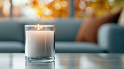Aufkleber - Burning candle is casting a warm glow on an empty table in a cozy living room, creating a peaceful and inviting ambiance