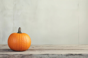 Single, ripe, orange pumpkin sits on a rustic wooden table against a neutral background, offering ample copy space for your message