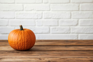 Aufkleber - Ripe orange pumpkin sitting on a rustic wooden table with a white brick wall background provides a festive fall backdrop