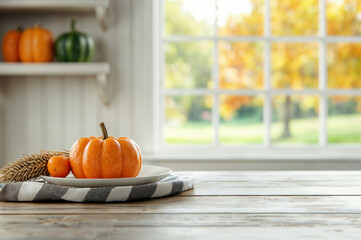 Aufkleber - Empty table is set for a thanksgiving meal, with pumpkins and fall colors showing through the window