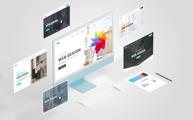 Leinwandbilder - Display featuring a conceptual web design page with similar pages floating around, showcasing the power of a web design studio. Presented in an isometric view for dynamic visual appeal