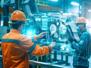 Poster - industrial workers using predictive maintenance technology to reduce downtime and repair costs