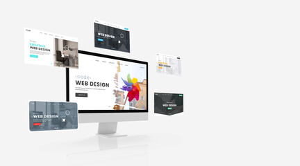 Poster - Display featuring web design studio sample pages circling around, showcasing the studio's creative concepts. Includes empty space beside for advertising text to enhance promotional opportunities