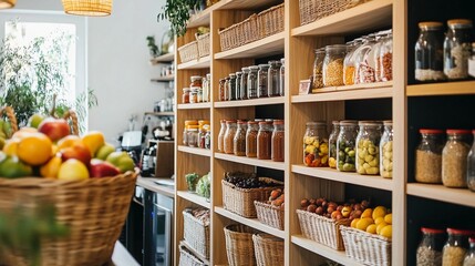 Spacious home pantry, open shelving, neatly arranged jars and containers, baskets of fruits and vegetables, built-in storage for dry goods, sleek modern design