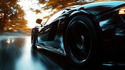 Poster - A black sports car drives down a winding road.