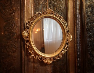 Old vintage retro antique mirror in gold frame, rustic style