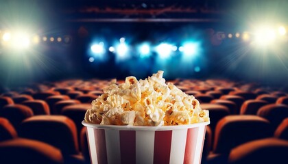 Pop corn sitting inside of movie theatre. Bokeh light background. Cinema concept