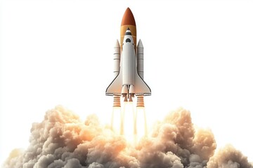 Poster - A space shuttle lifting off into the sky with smoke and flames.