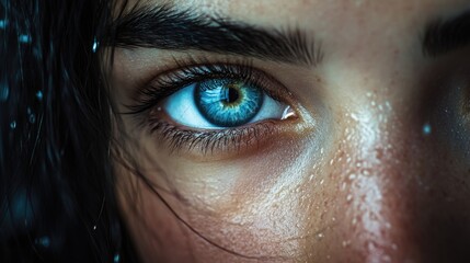 Sticker - A detailed view of a woman's eye with bright blue iris and eyelashes.