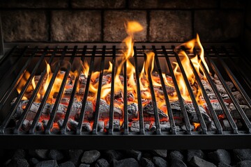 Poster - A close-up shot of a grill with open flames, suitable for use in cooking or lifestyle images.