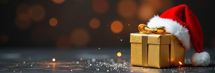 christmas banner with gold christmas gift and santa's hat on dark festive background