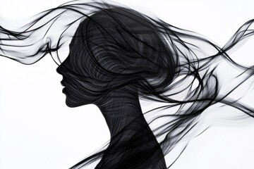 Poster - A woman with long hair blowing in the wind, ideal for backgrounds or representing freedom.