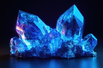 Poster - A cluster of blue crystals sitting on a dark, black surface.