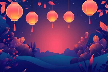 Aufkleber - A night scene with lanterns hanging from the trees, great for use as a background or to add ambiance to your design.