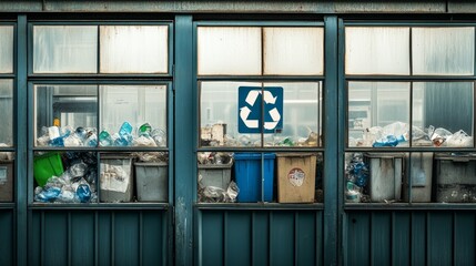 Poster - Factory with clear windows, showing a collection of recycling bins filled with plastic, metal, and glass, one prominently featuring a recycling symbol.