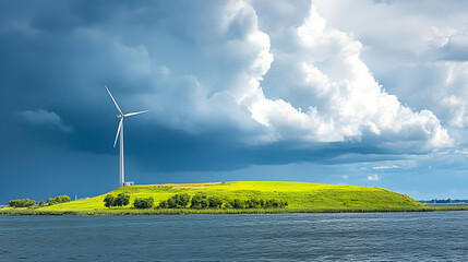 A Single Wind Turbine Stands Tall on a Grassy Hilltop Under a Dramatic Sky, with Puffy White Clouds Gathering Over a Blue Water Body