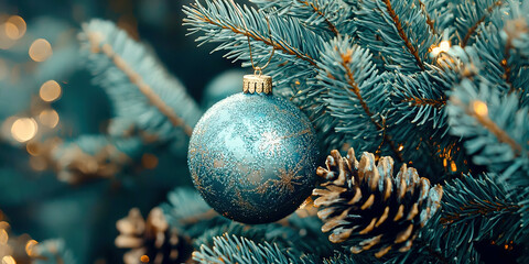 Poster - A blue ornament hangs from a tree branch
