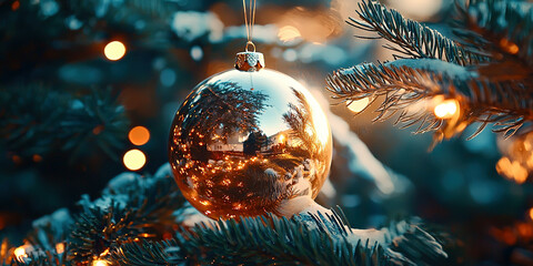 Poster - A Christmas tree with a shiny gold ornament hanging from it