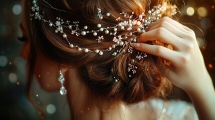 Canvas Print - A woman holding a hairpiece, possibly for styling or repairing.