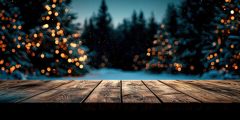 Poster - A wooden table with a view of trees and snow