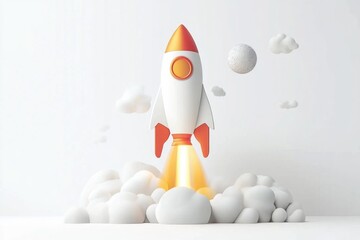 Poster - A white and red rocket soaring through the sky, with contrails forming behind it.
