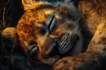 Wall Mural - A close-up view of a cat resting on the ground, paws curled and eyes closed.