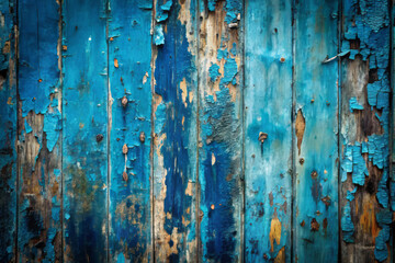 weathered blue wooden surface with peeling paint and texture, showcasing rustic charm and character. vibrant blue contrasts beautifully with natural wood tones, creating intriguing visual appeal