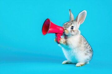 Poster - A rabbit holding a megaphone in its mouth, suitable for illustrations about communication or advertising.