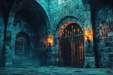 Poster - A stone building with a gate in the middle, suitable for use in architectural or historical context.