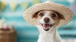 © svastix - A joyful brown and white dog smiles brightly while wearing a straw hat, set against a vibrant blue background with colorful bunting in the distance.