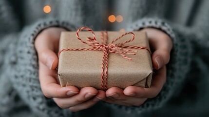 A gift wrapped in brown textured paper and string is presented in gentle hands, evoking warmth, simplicity, and the spirit of personal gift-giving.