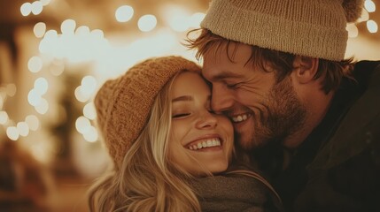 A joyful couple sharing a close embrace, illuminated by warm festive lights, capturing a moment of happiness, love, and togetherness in a cozy winter setting.