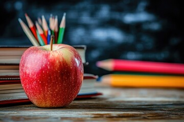 Aufkleber - A single red apple sits atop a rustic wooden table, ideal for food photography or still life compositions.